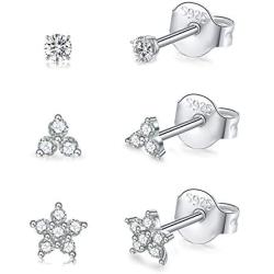 Sterling Silver Stud Earrings for Women, Tiny Flower Earrings Set | Small Cubic Zirconia Helix Earrings Dainty Tragus Cartilage Studs Cherry Blossom Ear Piercing Jewelry Gifts for Girls Teens