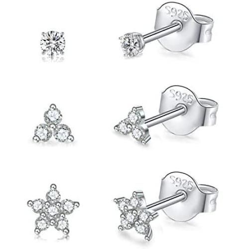 Sterling Silver Stud Earrings for Women, Tiny Flower Earrings Set | Small Cubic Zirconia Helix Earrings Dainty Tragus Cartilage Studs Cherry Blossom Ear Piercing Jewelry Gifts for Girls Teens