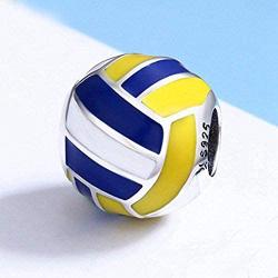 Sport Volleyball Charm with Yellow &White& Blue Enamel 925 Sterling Silver Charm Beads for Fashion Charms Bracelet & Necklace