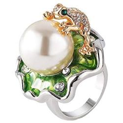 HSQYJ Lotus Leaf Frog Crystal Ring Enamel Pearl Flower Cute Animal Rings Jewelry Rhinestone Statement Rings for Women Girl