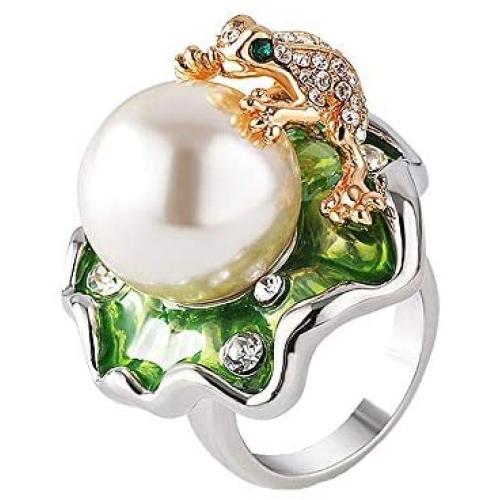 HSQYJ Lotus Leaf Frog Crystal Ring Enamel Pearl Flower Cute Animal Rings Jewelry Rhinestone Statement Rings for Women Girl