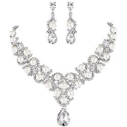 EVER FAITH Austrian Crystal Simulated Pearl Bridal Teardrop Necklace Earrings Set Clear Silver-Tone