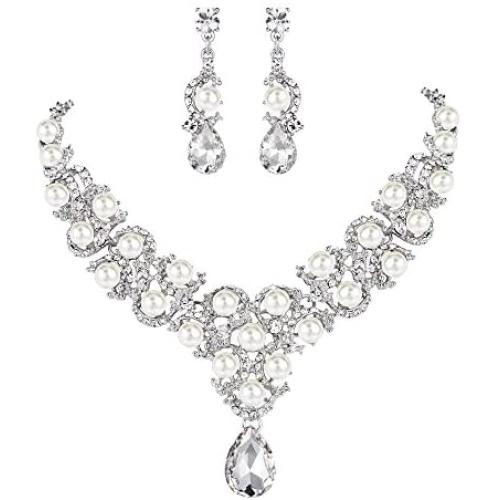 EVER FAITH Austrian Crystal Simulated Pearl Bridal Teardrop Necklace Earrings Set Clear Silver-Tone