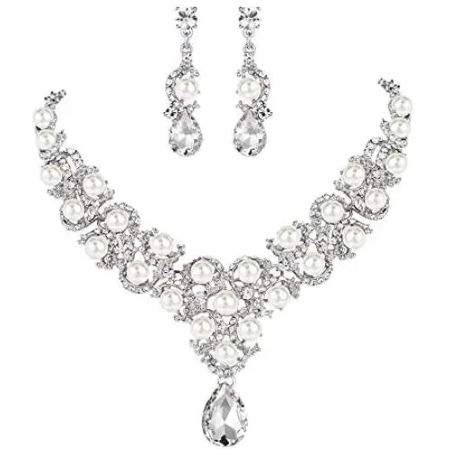 EVER FAITH Austrian Crystal Simulated Pearl Bridal Teardrop Necklace Earrings Set Clear Silver-Tone EVER FAITH Austrian Crystal Simulated Pearl Bridal Teardrop Necklace Earrings Set Clear Silver-Tone