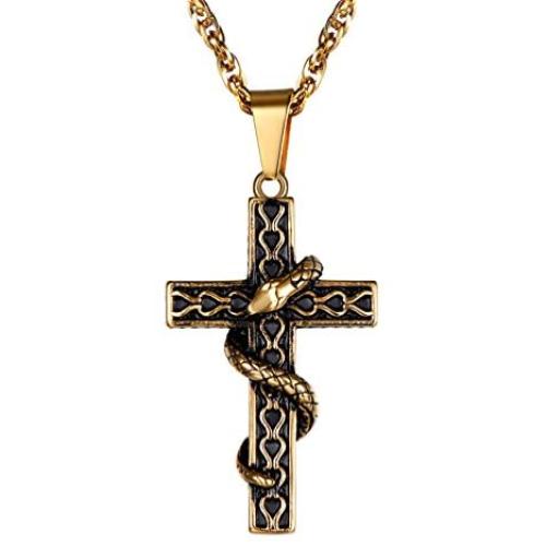 PROSTEEL Snake Cross Necklace, 316L Stainless Steel Pendant & Chain, Men Women Amulet Cross Necklace, 22''-24'' Adjustable, Come Gift Box