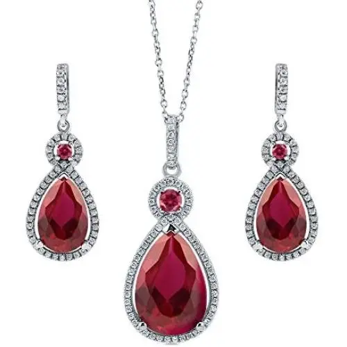 BERRICLE Rhodium Plated Sterling Silver Simulated Ruby Pear Cut Cubic Zirconia CZ Halo Bridal Bridesmaid Fashion Necklace and Earrings Set BERRICLE Rhodium Plated Sterling Silver Simulated Ruby Pear Cut Cubic Zirconia CZ Halo Bridal Bridesmaid Fashion Necklace and Earrings Set