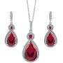 BERRICLE Rhodium Plated Sterling Silver Simulated Ruby Pear Cut Cubic Zirconia CZ Halo Bridal Bridesmaid Fashion Necklace and Earrings Set