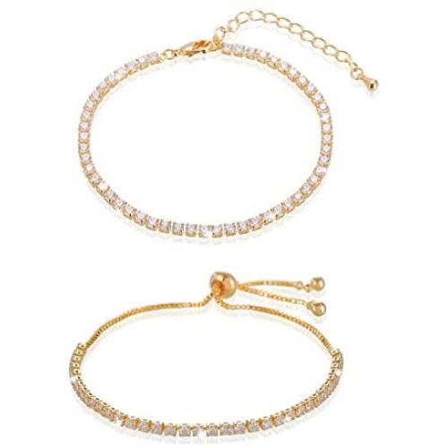 2 Pcs Cubic Zirconia Classic Tennis Bracelets Set Gold Silver Rose Gold with Sparkling Crystal Bracelets Exquisite Adjustable Slider Friendship Bracelets Crystal Jewelry for Women Girls