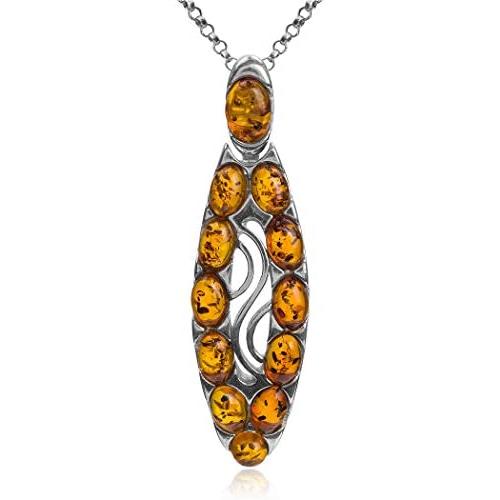Amber Sterling Silver Oval Pendant Necklace Chain 18''