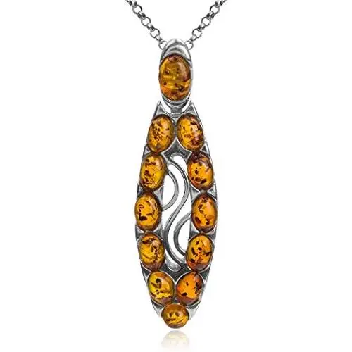 Amber Sterling Silver Oval Pendant Necklace Chain 18''