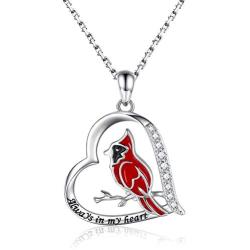 MANBU Sterling Silver Cardinal Necklace for Women - Red Bird Heart Pendant Always in My Heart Memorial Jewelry Gift for Loss of The Loved One