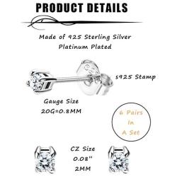 Sllaiss 6 Pairs 925 Sterling Silver Tiny CZ Stud Earrings for Women Men Round Cut CZ Earrings Set Hypoallergenic Cartilage Cubic Zirconia Piercing Jewelry