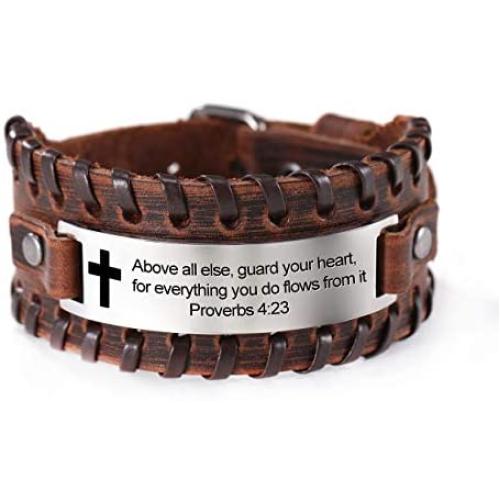fishhook Religious Bracelet Fashion Engraved Inspirational Motivational Bible Verses Christian Leather Cuff Bangle Bracelet for Men Boys Women