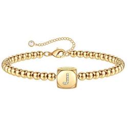 Gold Initial Bracelets for Women Girls, 14K Gold Plated Handmade Letter Bead Bracelet Personalized Initial Gold Bracelets for Women Teen Girls Jewelry Gifts
