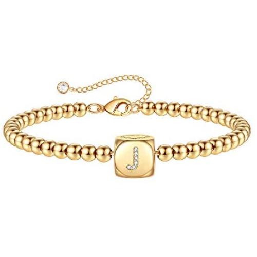 Gold Initial Bracelets for Women Girls, 14K Gold Plated Handmade Letter Bead Bracelet Personalized Initial Gold Bracelets for Women Teen Girls Jewelry Gifts