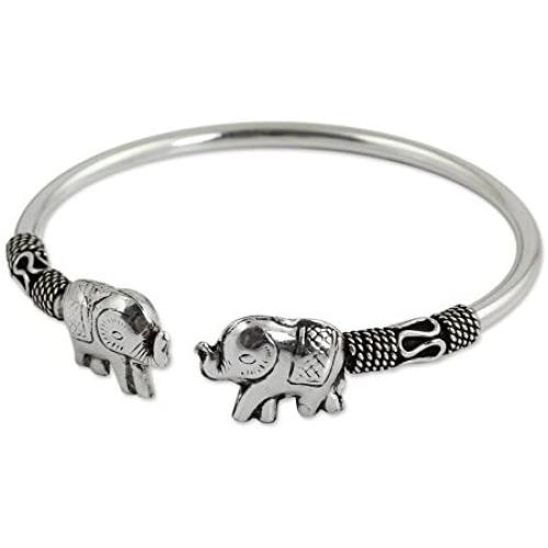 NOVICA .925 Sterling Silver Animal Cuff Bracelet Proud Elephant