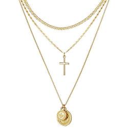 Dainty Layered Choker Necklace 14K Gold Plated Handmade Medallion Coin Cross Pendant Necklace Simple Cute Jewelry Gift for Women Girls