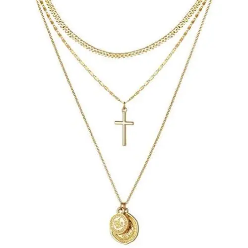 Dainty Layered Choker Necklace 14K Gold Plated Handmade Medallion Coin Cross Pendant Necklace Simple Cute Jewelry Gift for Women Girls Dainty Layered Choker Necklace 14K Gold Plated Handmade Medallion Coin Cross Pendant Necklace Simple Cute Jewelry Gift for Women Girls