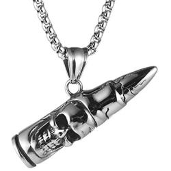 HZMAN Bullet Head Skull Demon Pendant Stainless Steel Retro Punk Gothic Jewelry Necklace 22 + 2 Inch Chain