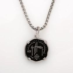 Guy Harvey Shark Medallion Black Enamel in Sterling Silver on a Durable 22'' Necklace Box Chain