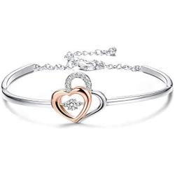 Sllaiss “Heart with Heart” Double Hearts Crystal Bangle Bracelet Rose Gold/Platinum Plated Bracelet Jewelry Made With Swarovski Crystals for Women Mom Wife for Birthday Anniversary Christmas