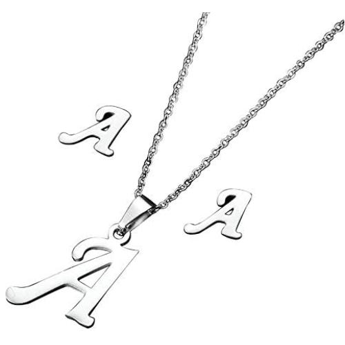 Chili Jewelry Women Girls A to Z Initial Necklace and Earrings Set Stainless Steel 26 Letters Capital Script Name Pendant Necklaces Jewelry Sets