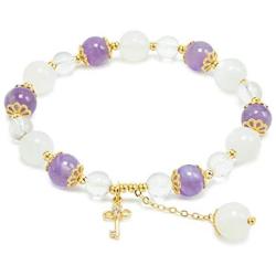 Rose&Poem Triple Crystal Bracelet, Amethyst-Moonstone-Clear Quartz, 14K Gold Plated Key Charm Stretch Beaded Bracelet, Spiritual Reiki Chakra Fertility Healing Gemstone Beads Dainty Jewelry Gift
