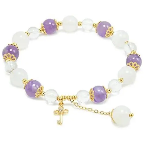 Rose&Poem Triple Crystal Bracelet, Amethyst-Moonstone-Clear Quartz, 14K Gold Plated Key Charm Stretch Beaded Bracelet, Spiritual Reiki Chakra Fertility Healing Gemstone Beads Dainty Jewelry Gift Rose&Poem Triple Crystal Bracelet, Amethyst-Moonstone-Clear Quartz, 14K Gold Plated Key Charm Stretch Beaded Bracelet, Spiritual Reiki Chakra Fertility Healing Gemstone Beads Dainty Jewelry Gift