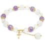 Rose&Poem Triple Crystal Bracelet, Amethyst-Moonstone-Clear Quartz, 14K Gold Plated Key Charm Stretch Beaded Bracelet, Spiritual Reiki Chakra Fertility Healing Gemstone Beads Dainty Jewelry Gift