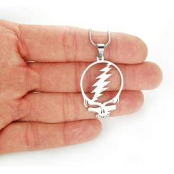 Ann Claridge Stealie Necklace, on 20'' Snake Chain, Pure 304 Stainless Steel, Grateful Dead Head Skull Lightening Bolt Charm Pendant with 20'' Long Chain (50.8cm) Smooth Snake Chain