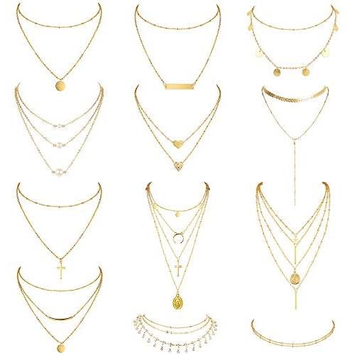 FUNRUN JEWELRY 12 PCS Layered Choker Necklace for Women Gold Sexy Y Necklace Bar Cross Pearl Multilayer Choker Chain Necklace Set