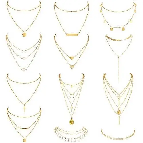 FUNRUN JEWELRY 12 PCS Layered Choker Necklace for Women Gold Sexy Y Necklace Bar Cross Pearl Multilayer Choker Chain Necklace Set