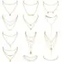 FUNRUN JEWELRY 12 PCS Layered Choker Necklace for Women Gold Sexy Y Necklace Bar Cross Pearl Multilayer Choker Chain Necklace Set