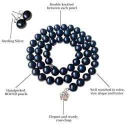 Pearl Romance II Round Pearl II Black Pearl Necklace Jewelry Stud Earrings 2 Piece Set for Women Wedding Brides Bridesmaids Genuine Strand Cultured Freshwater