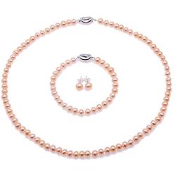 JYX Pearl Pink Pearl Necklace Set AA+ 6-7mm Natural Freshwater Cultured Pearl Necklace Bracelet and Earrings Set for Women