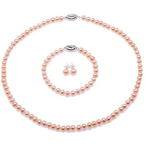 JYX Pearl Pink Pearl Necklace Set AA+ 6-7mm Natural Freshwater Cultured Pearl Necklace Bracelet and Earrings Set for Women
