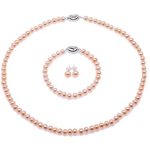 JYX Pearl Pink Pearl Necklace Set AA+ 6-7mm Natural Freshwater Cultured Pearl Necklace Bracelet and Earrings Set for Women
