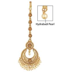 MUCH-MORE Light Weighted Gold Polish Kundan Work Maang Tikka for Girls & Women