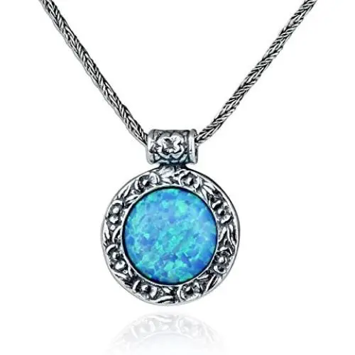 Antique Style 925 Sterling Silver Necklace with Created Blue Fire Opal Floral Design Pendant, 20'' Antique Style 925 Sterling Silver Necklace with Created Blue Fire Opal Floral Design Pendant, 20''