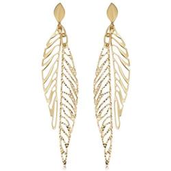 Kooljewelry 14k Yellow Gold Diamond-cut Leaf Dangle Earrings