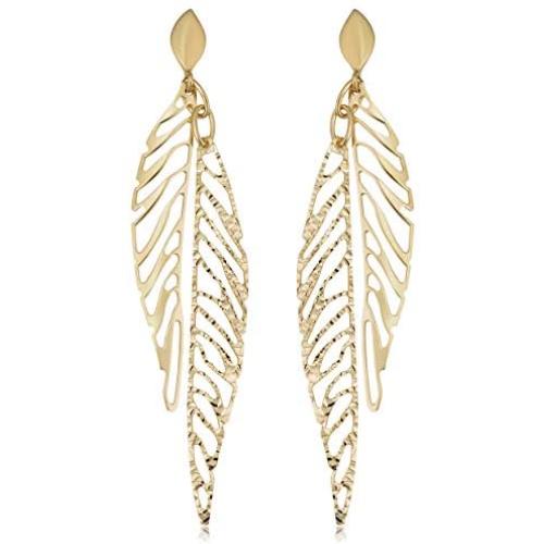 Kooljewelry 14k Yellow Gold Diamond-cut Leaf Dangle Earrings