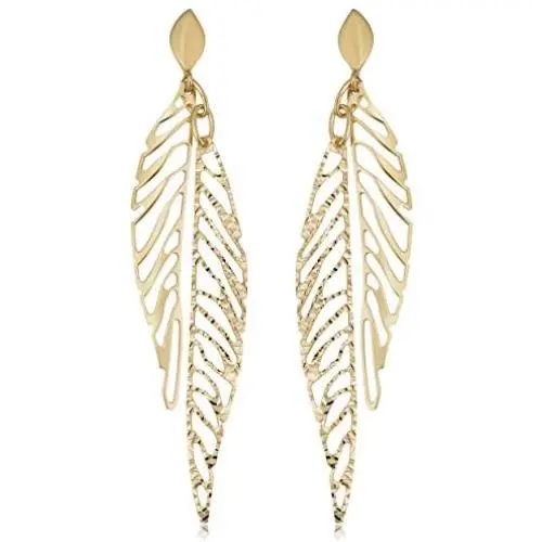 Kooljewelry 14k Yellow Gold Diamond-cut Leaf Dangle Earrings Kooljewelry 14k Yellow Gold Diamond-cut Leaf Dangle Earrings
