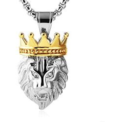 HZMAN Mens Silver Gold Tone Stainless Steel Lion King Pendant Necklace Cable Wheat 22+2'' Chain