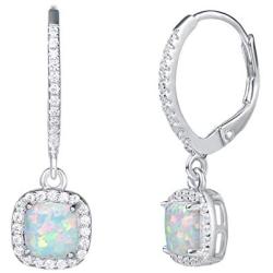 October Birthstone Sterling Silver Created White Opal Necklace/Earrings Halo Pendant Stud Leverback Dangle Cubic Zirconia CZ Fire Opal Fine Jewelry for Women