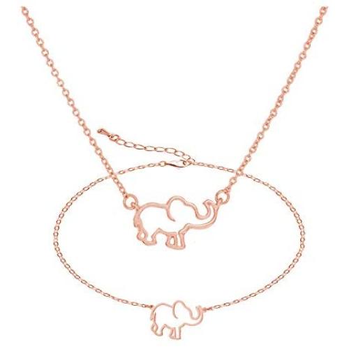 YANCHUN 2 Pieces Lucky Elephant Necklace Dainty Elephant Bracelet for Women Charm Elephant Pendant Necklace Jewelry Set BFF Gift for Girls