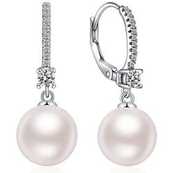 Han han Pearl Dangle Earrings with Leverback Design, 925 Sterling Silver Pearl Drop Earrings for Women, CZ Diamond Pearl Earrings Black and White Pearl Jewelry, Gift for Women, Ladies