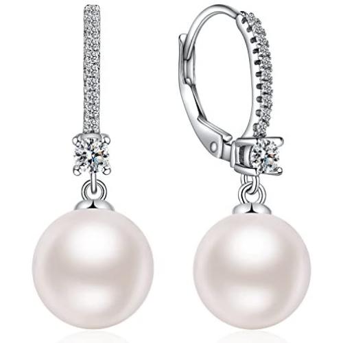 Han han Pearl Dangle Earrings with Leverback Design, 925 Sterling Silver Pearl Drop Earrings for Women, CZ Diamond Pearl Earrings Black and White Pearl Jewelry, Gift for Women, Ladies