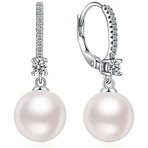 Han han Pearl Dangle Earrings with Leverback Design, 925 Sterling Silver Pearl Drop Earrings for Women, CZ Diamond Pearl Earrings Black and White Pearl Jewelry, Gift for Women, Ladies Han han Pearl Dangle Earrings with Leverback Design, 925 Sterling Silver Pearl Drop Earrings for Women, CZ Diamond Pearl Earrings Black and White Pearl Jewelry, Gift for Women, Ladies