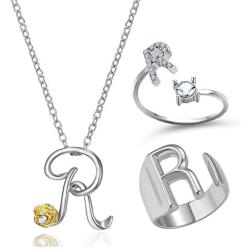 Harlermoon Initial Necklace Finger Rings Set A-Z 26 Letter Alphabet Necklace with Flower Crystal Initial Open Statement Rings Jewelry