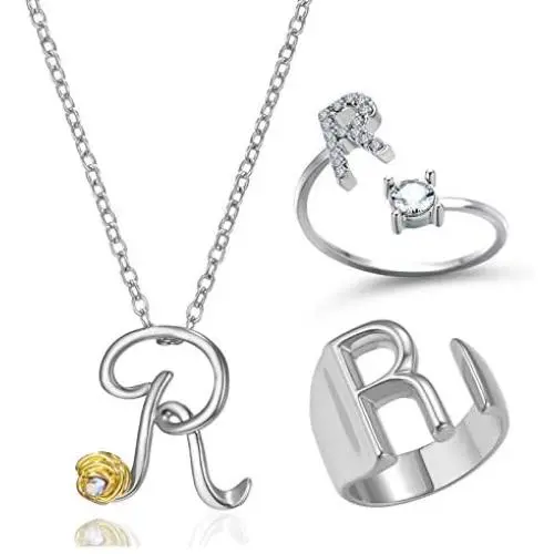 Harlermoon Initial Necklace Finger Rings Set A-Z 26 Letter Alphabet Necklace with Flower Crystal Initial Open Statement Rings Jewelry